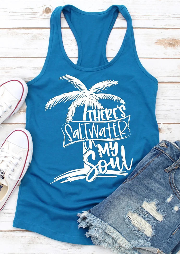 

Tank Tops There's Saltwater In My Soul O-Neck Racerback Tank Top in Blue. Size: L