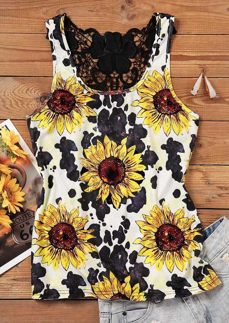 Tank Tops Sunflower Cow Lace Splicing Racerback Tank Top in Multicolor. Size: L,M,S,XL