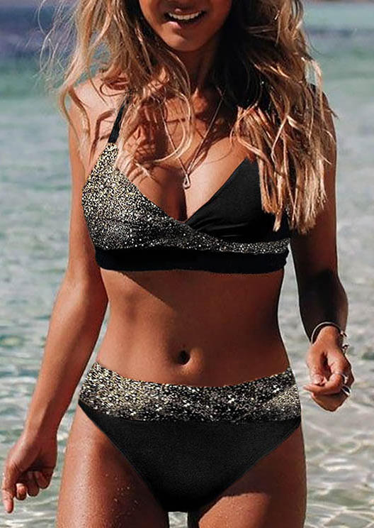 Glitter Color Block Halter Tie Bikini Set - Black