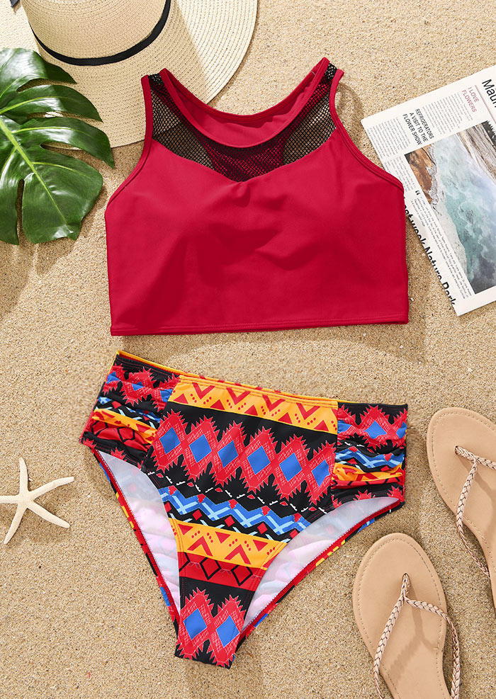 

Bikini Sets Aztec Geometric Mesh Splicing Bikini Set in Red. Size: L,M,,XL