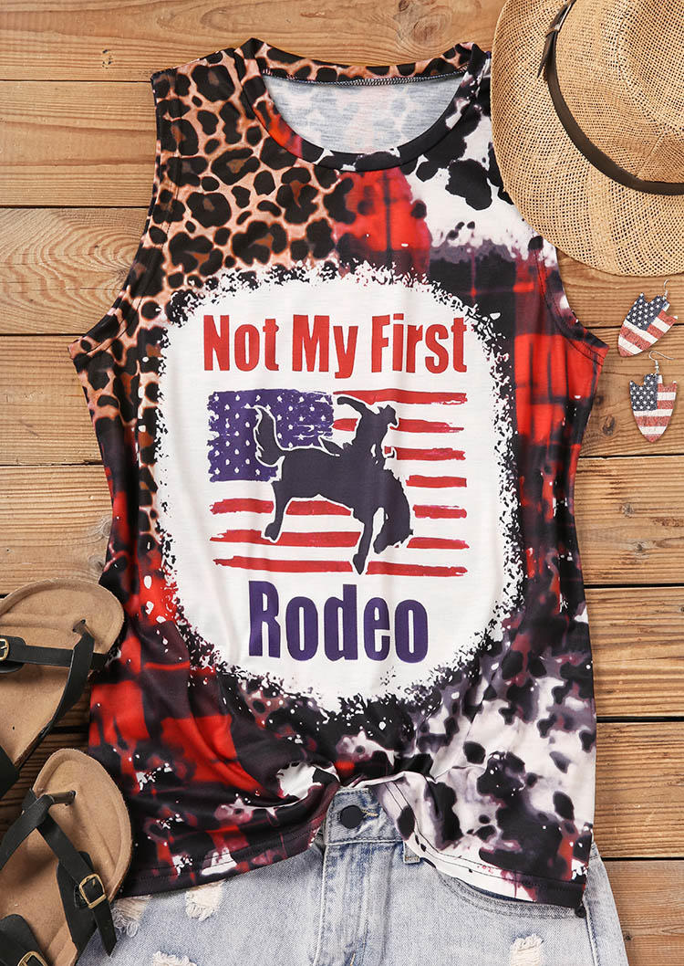 

Tank Tops Not My First Rodeo American Flag Leopard Tank Top in Multicolor. Size: L,M