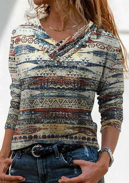 

Blouses Tribal V-Neck Long Sleeve Blouse in Multicolor. Size