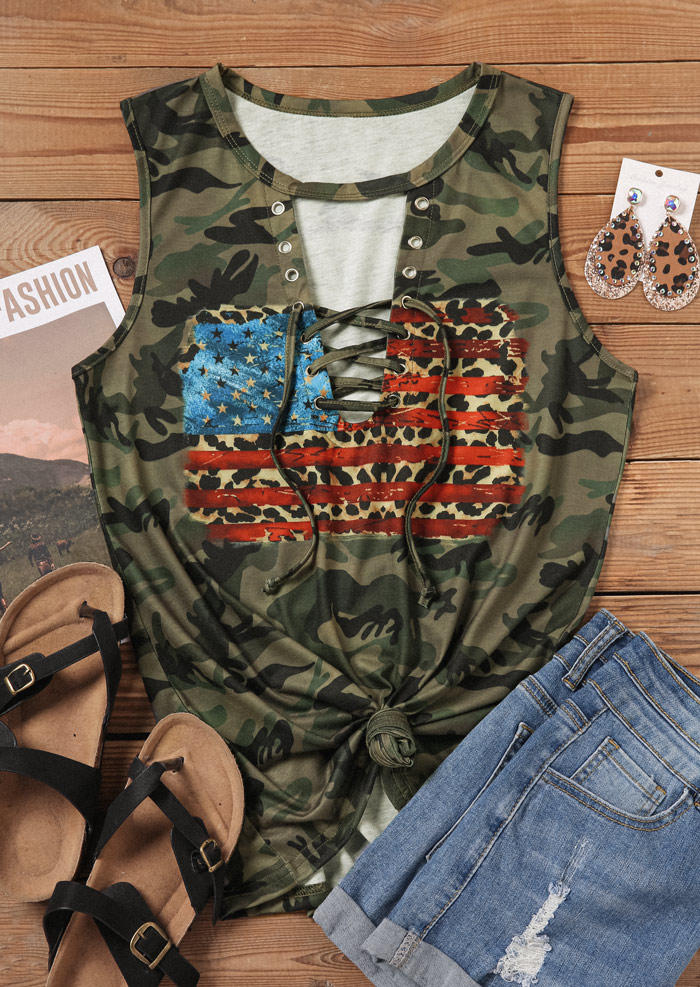 Tank Tops Camouflage Leopard American Flag Lace Up Tank Top in Multicolor. Size: L,M,S,XL