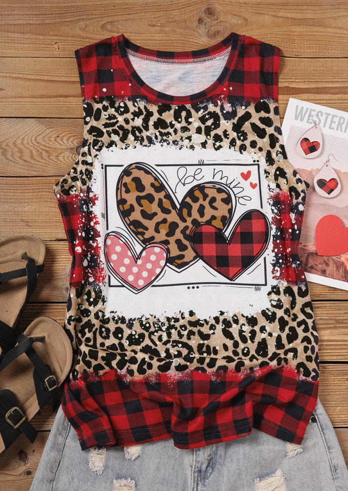 Valentine Be Mine Leopard Plaid Heart Tank
