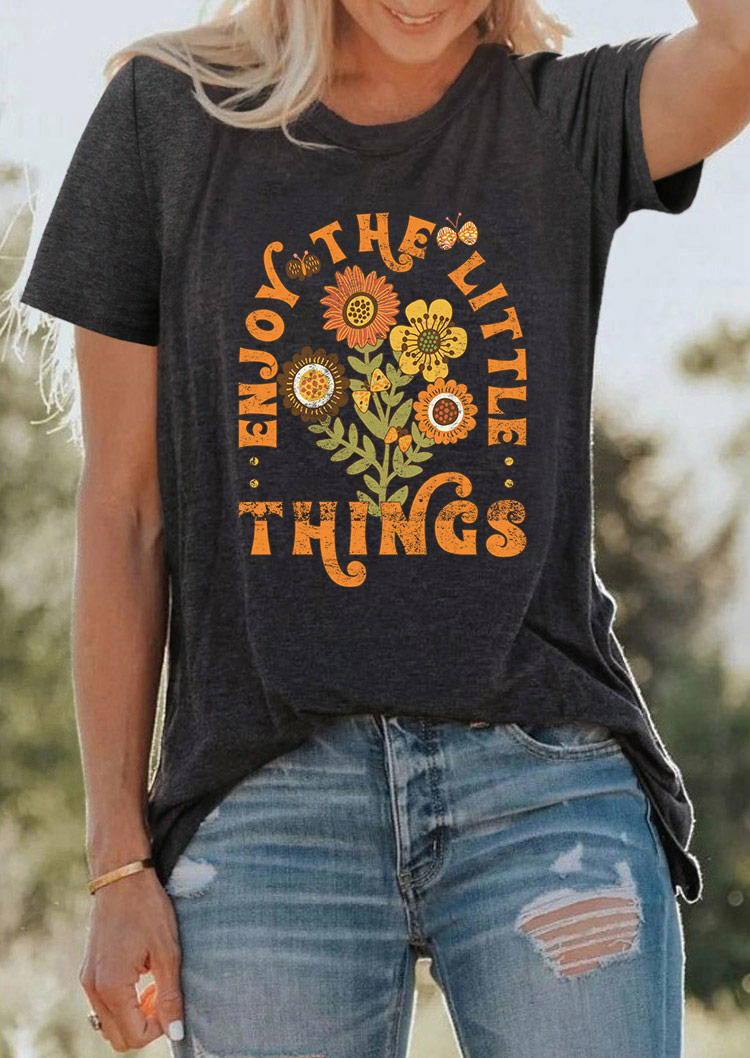 Enjoy The Little Things Floral O-Neck T-Shirt Tee - Dark Grey