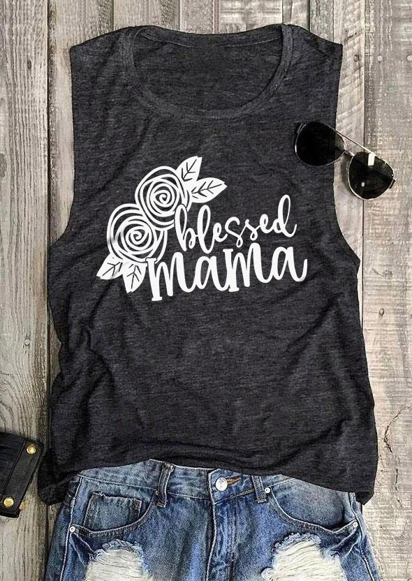 Blessed Mama Floral O-Neck Tank - Dark Grey