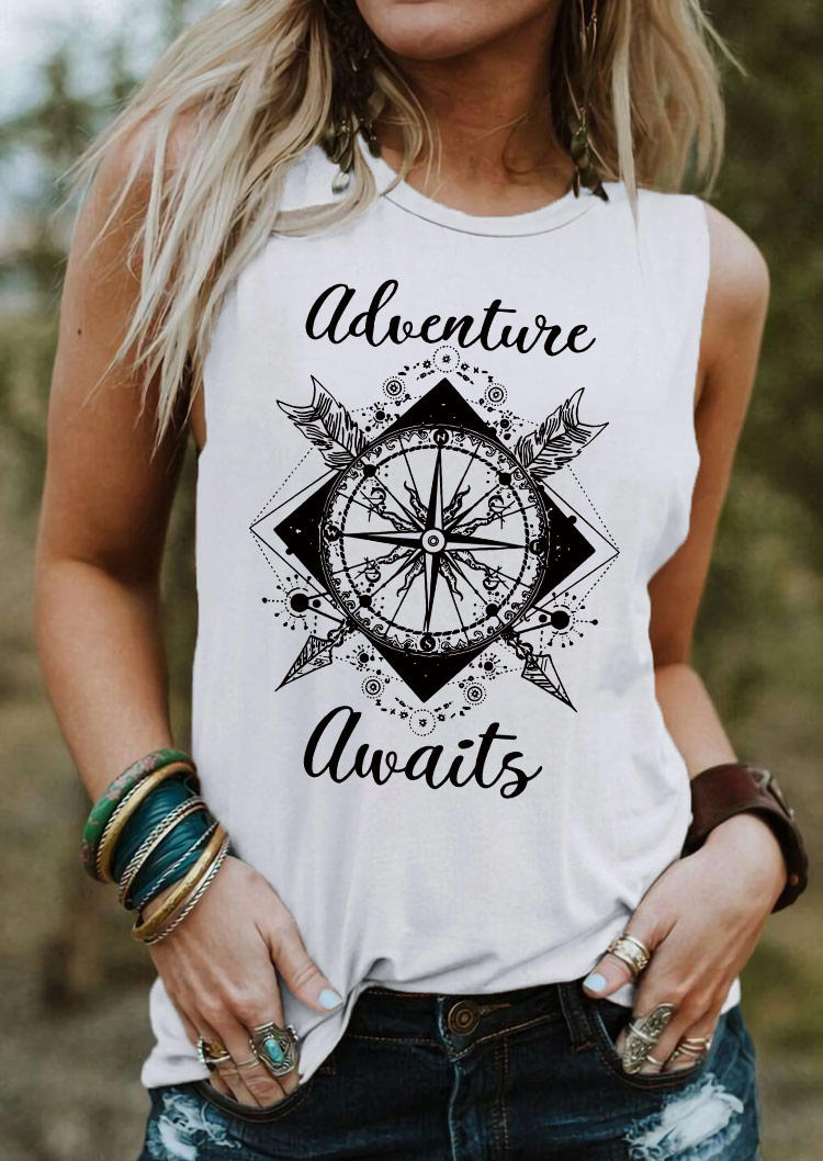 Adventure Awaits Arrow O-Neck Tank - White