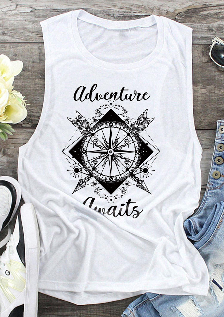 

Tank Tops Adventure Awaits Arrow O-Neck Tank Top in White. Size