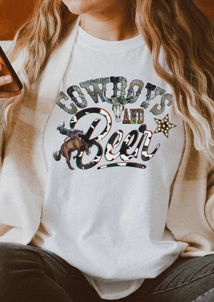 Cowboys And Beer Steer Skull T-Shirt Tee - White