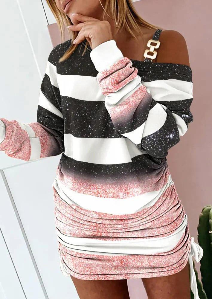 Striped Glitter Drawstring Metal Chain Bodycon Dress