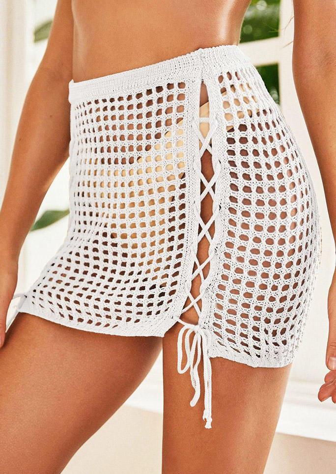 Cover Ups Hollow Out Lace Up Cover Up in White. Size: L,M,S,XL