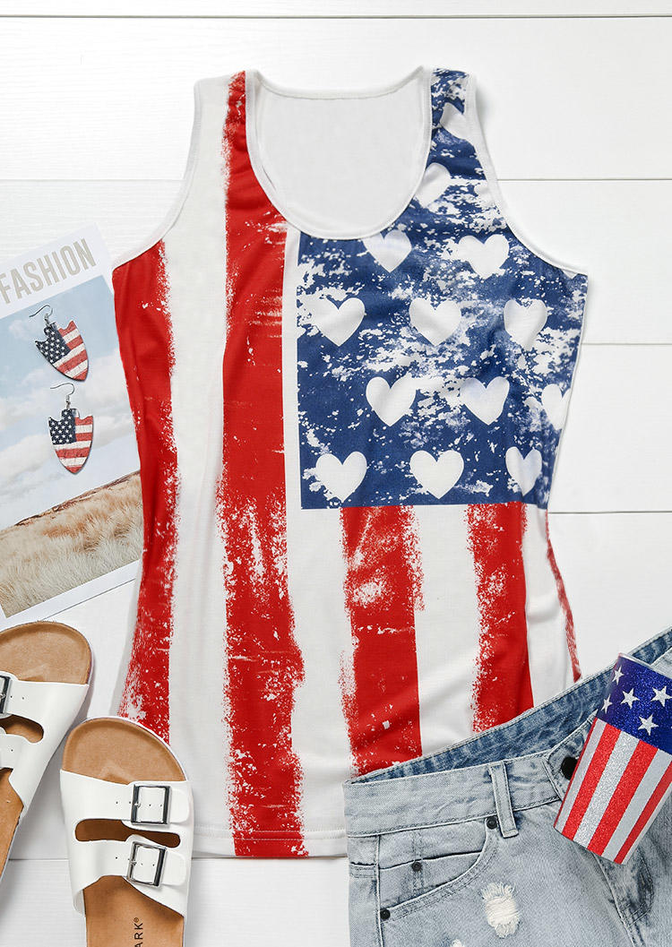Tank Tops American Flag Heart Casual Tank Top in Multicolor. Size: L,M,S,XL