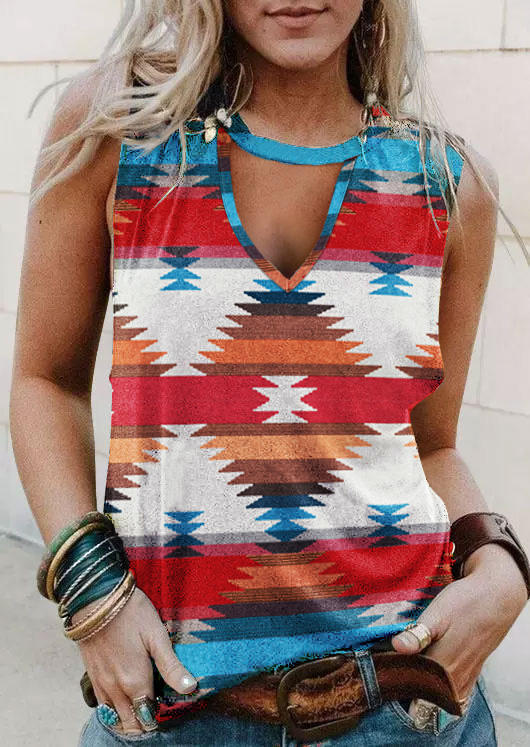 Tank Tops Aztec Geometric Hollow Out Tank Top in Multicolor. Size: L,M,S