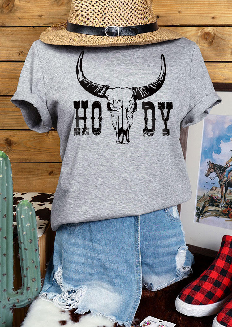 Howdy Steer Skull O-Neck T-Shirt Tee - Gray