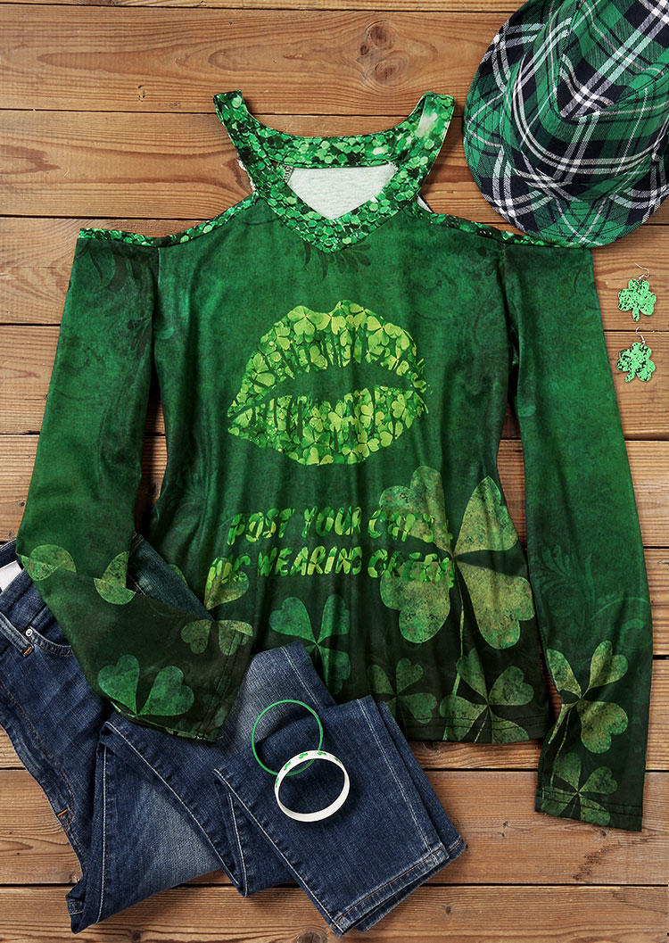 Blouses St. Patrick's Day Lucky Shamrock Lips Cold Shoulder Blouse in Green. Size: L,M,S,XL