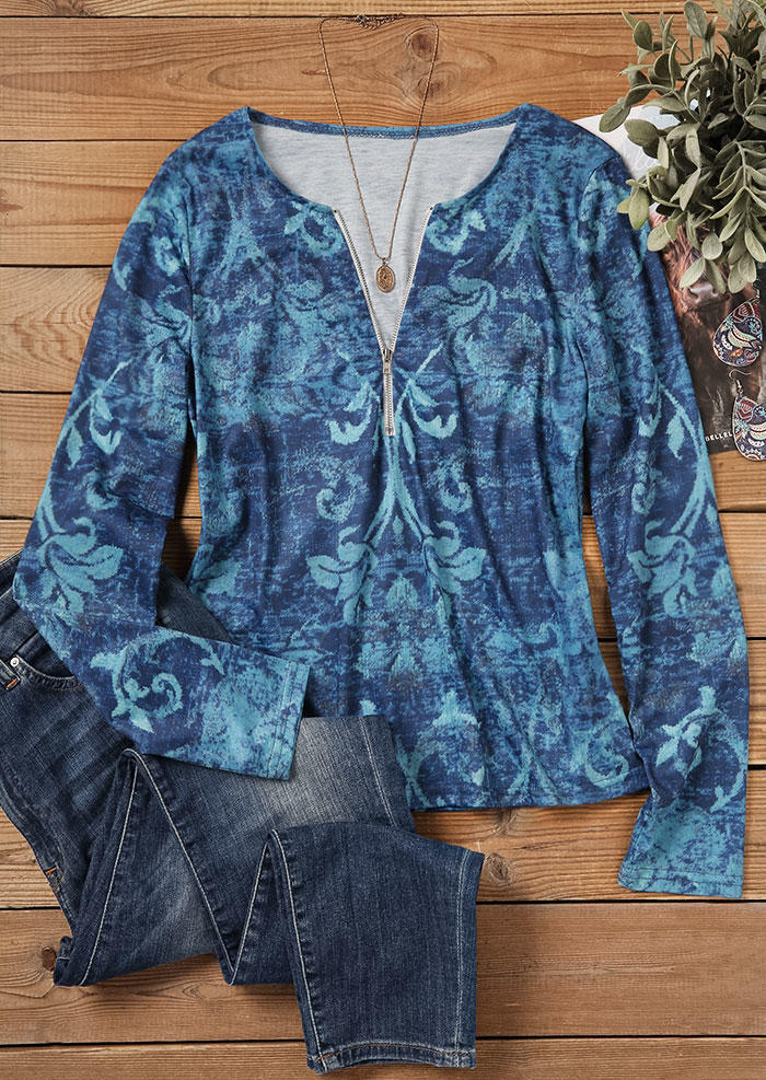 

Blouses Ethnic Zipper Long Sleeve Blouse in Multicolor. Size