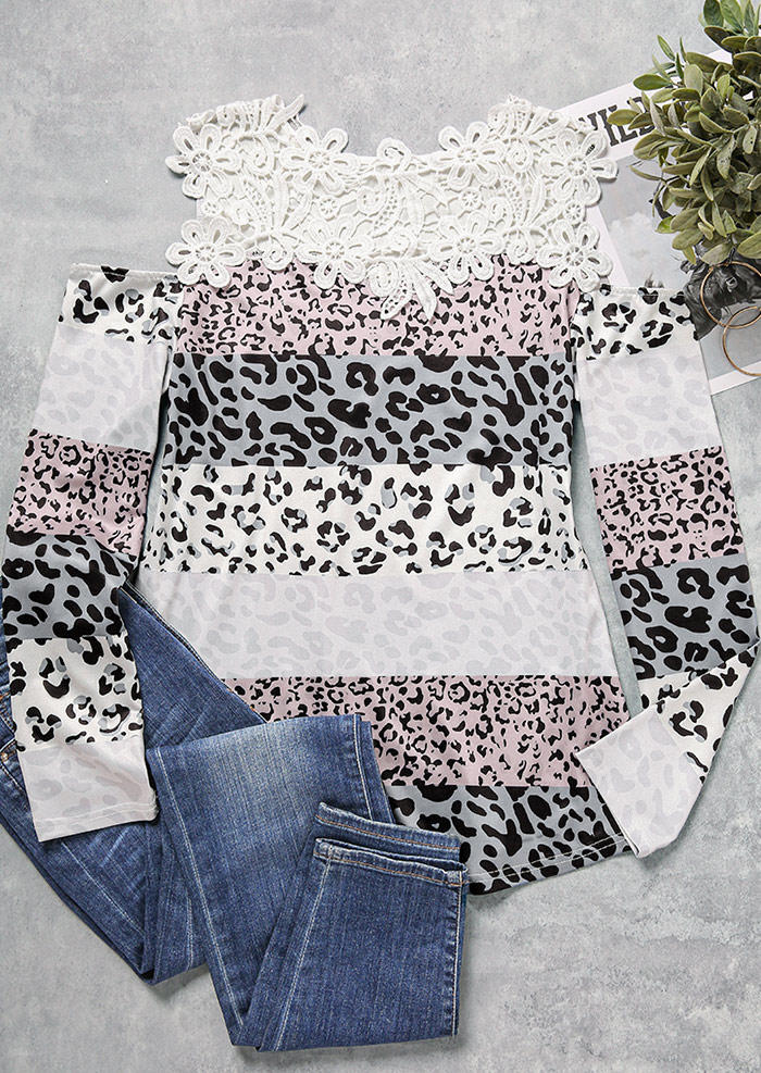Blouses Lace Splicing Leopard Color Block Cold Shoulder Blouse in Multicolor. Size: L,M,S,XL
