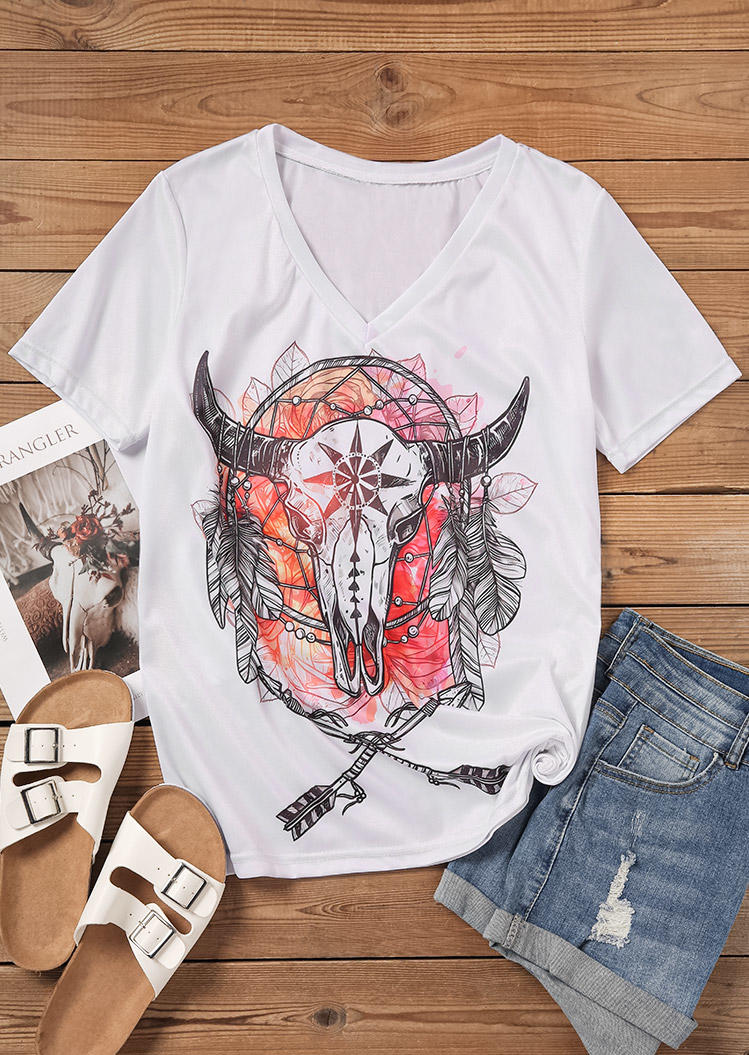 Steer Skull Dreamcatcher Feather V-Neck T-Shirt Tee - White