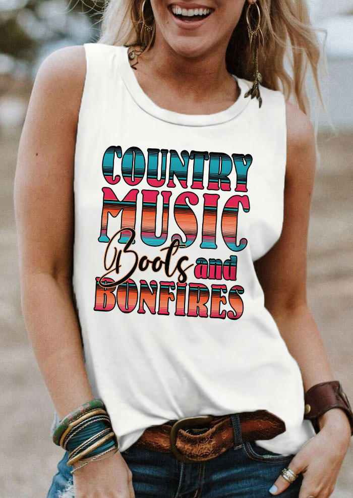 Country Music Boots And Bonfires Casual Tank - White