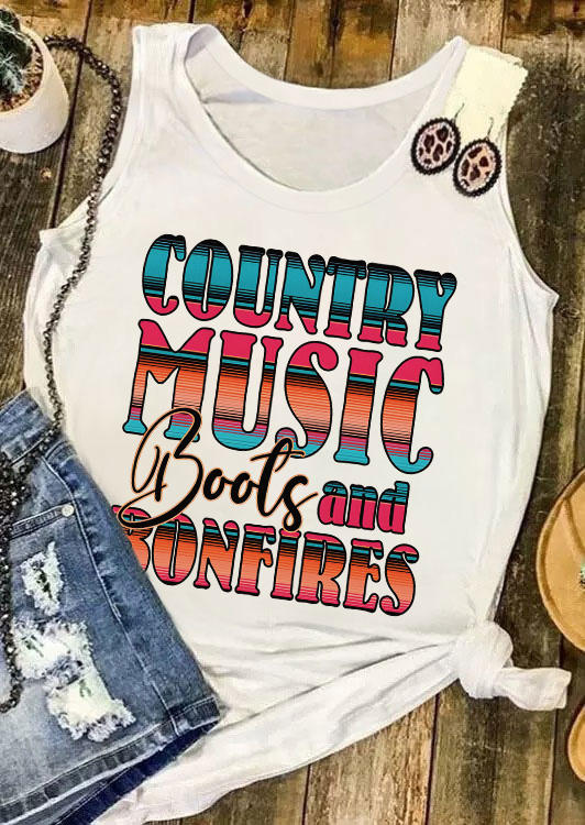 

Tank Tops Country Music Boots And Bonfires Casual Tank Top in White. Size