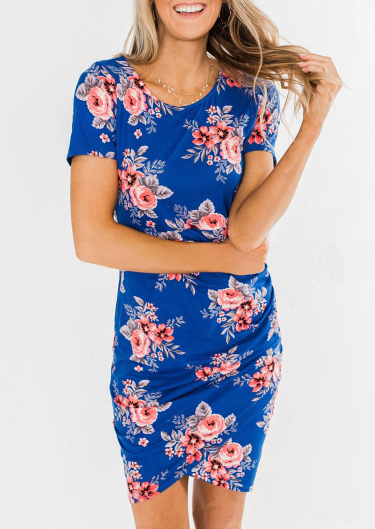 Floral Ruched Short Sleeve Bodycon Dress - Blue