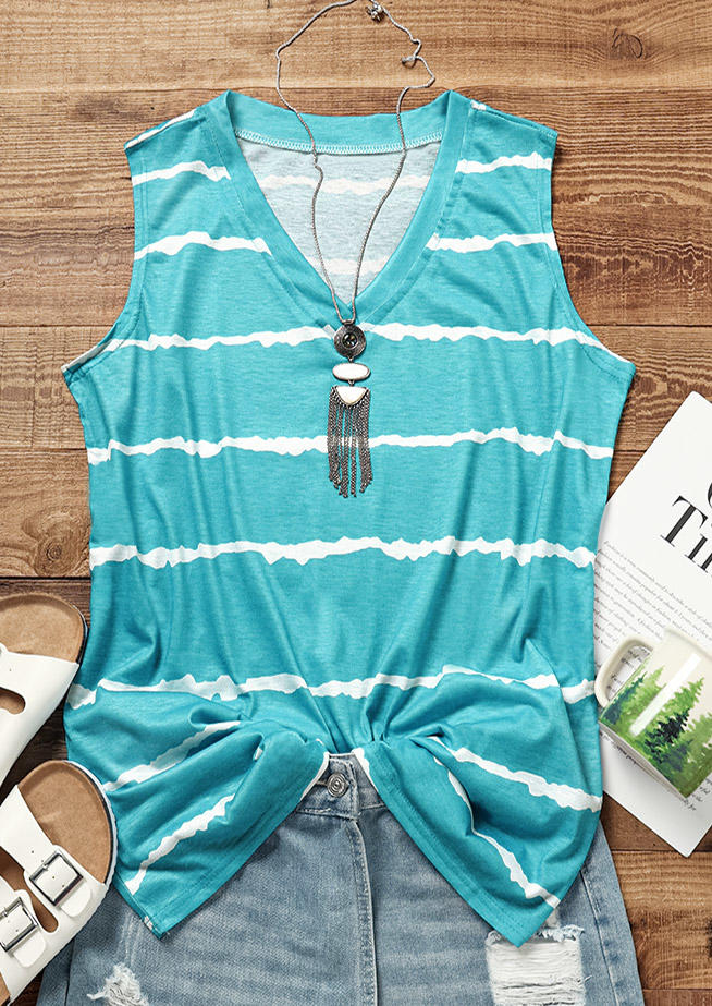 

Tank Tops Striped V-Neck Casual Tank Top - Sky Blue in Blue. Size: M