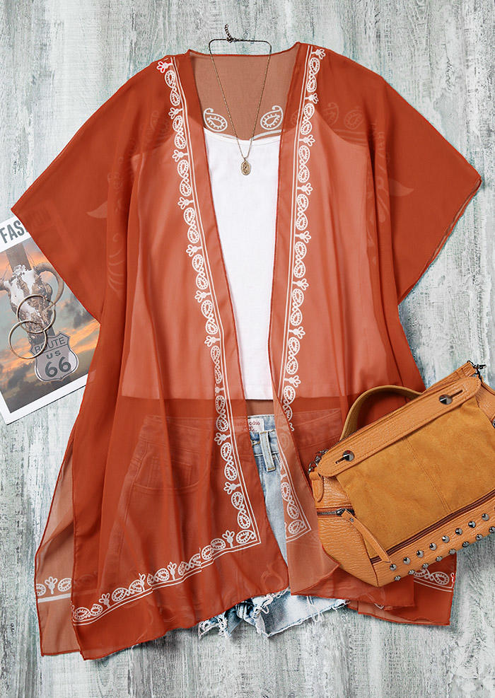 Ethnic Short Sleeve Slit Open Front Cardigan - Orange