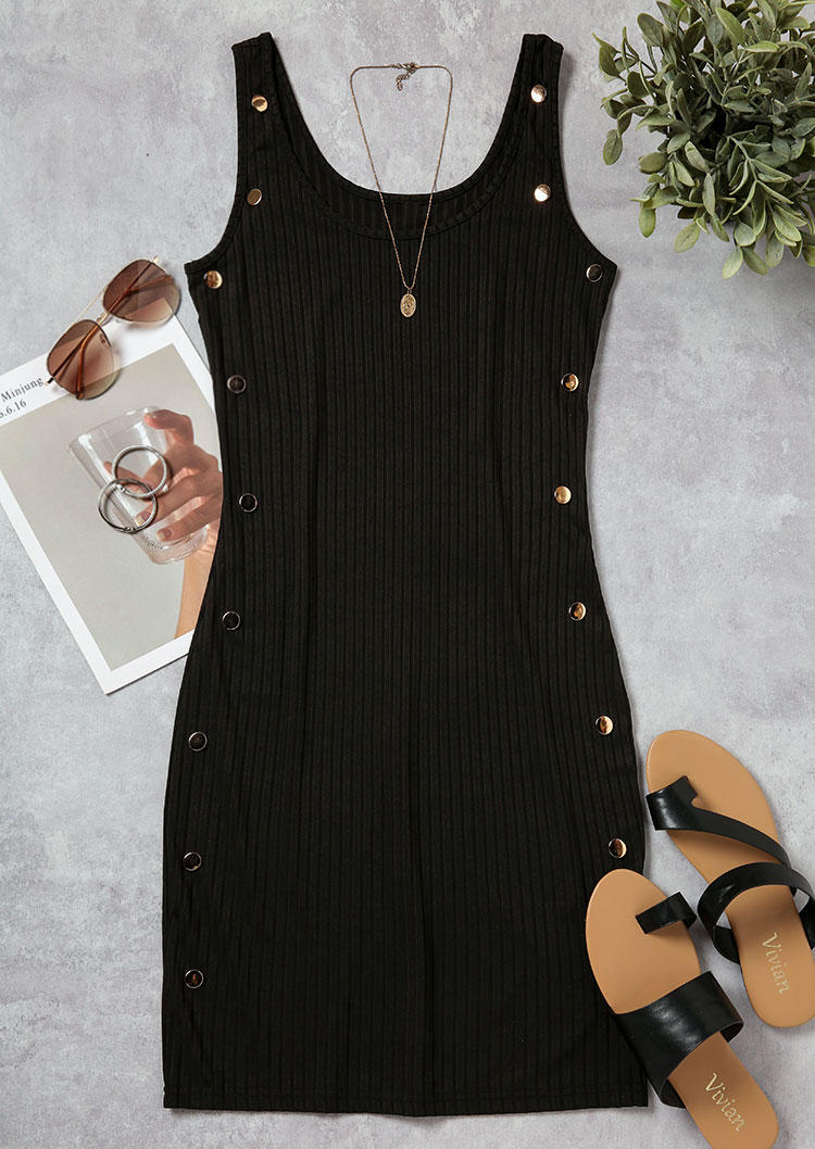 Button Sleeveless Bodycon Dress - Black
