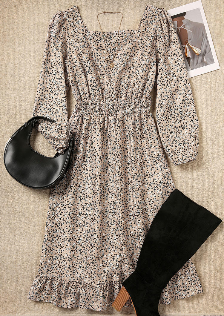 Midi Dresses Ruffled Smocked Long Sleeve Square Collar Midi Dress in Khaki. Size: L,M,S,XL