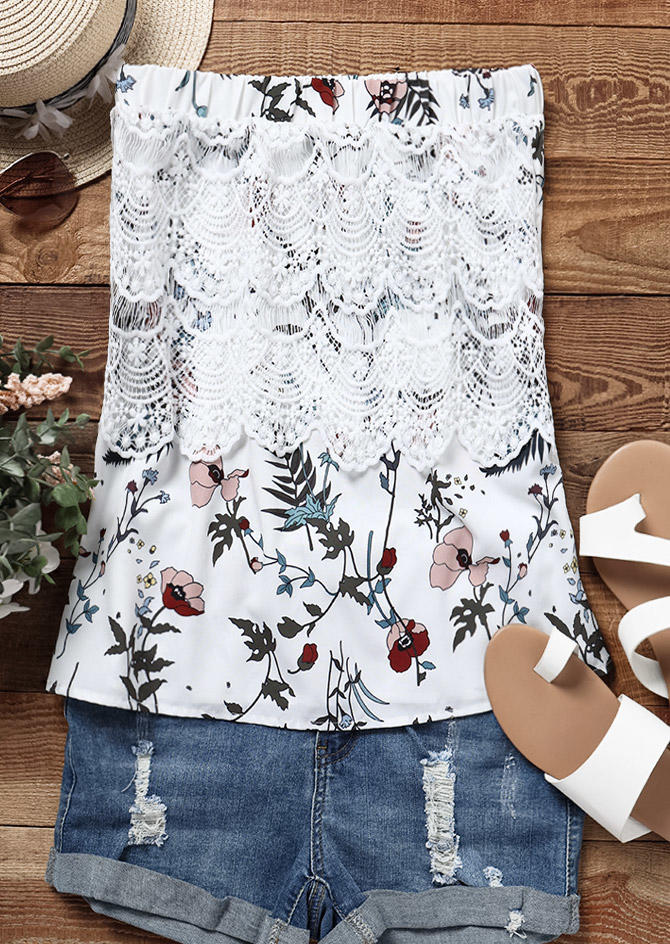 

Tank Tops Lace Splicing Floral Leaf Strapless Bandeau Tank Top in White. Size: L,M
