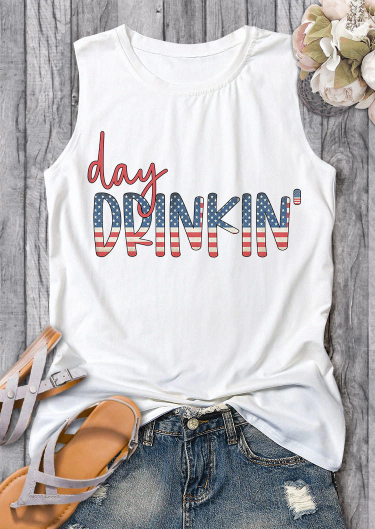 

Tank Tops Day Drinkin' American Flag O-Neck Tank Top in White. Size