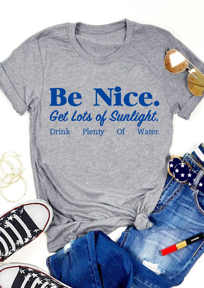 Be Nice Get Lots Of Sunlight Drink Plenty Of Water T-Shirt Tee - Gray
