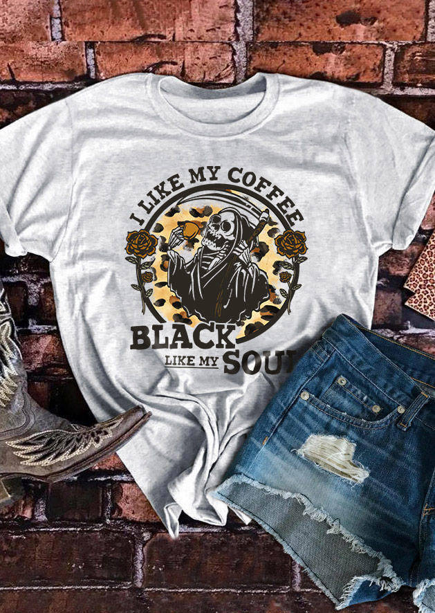 

T-shirts Tees I Like My Coffee Black Like My Soul Skeleton T-Shirt Tee - Light Grey in Gray. Size: L,M