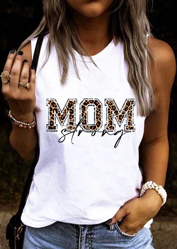 Leopard Mom Strong O-Neck Tank - White