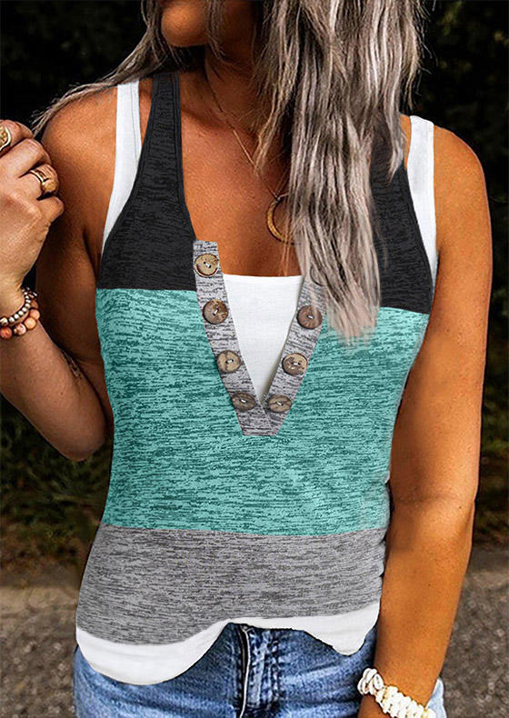 Tank Tops Color Block Button Fake Two-Piece Tank Top in Multicolor. Size: L,M,S,XL