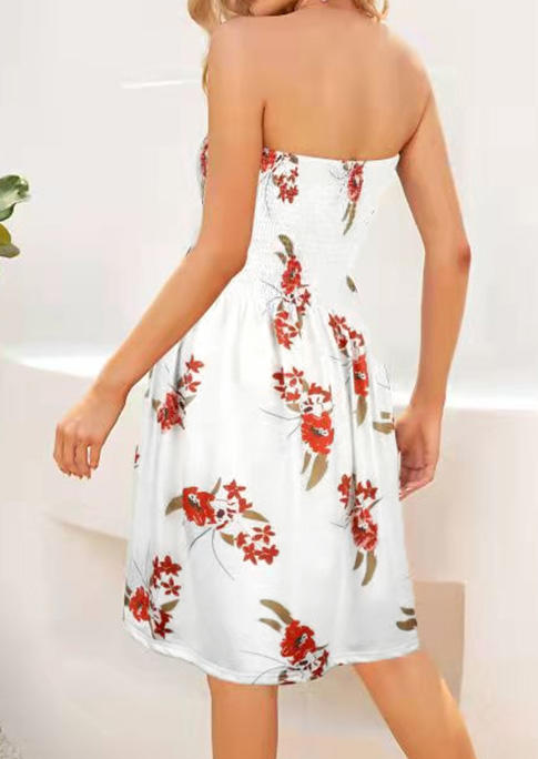 

Mini Dresses Floral Smocked Strapless Bandeau Mini Dress in White. Size