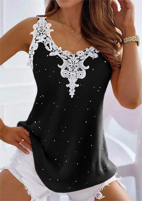 Dot Lace Splicing Casual Tank - Black