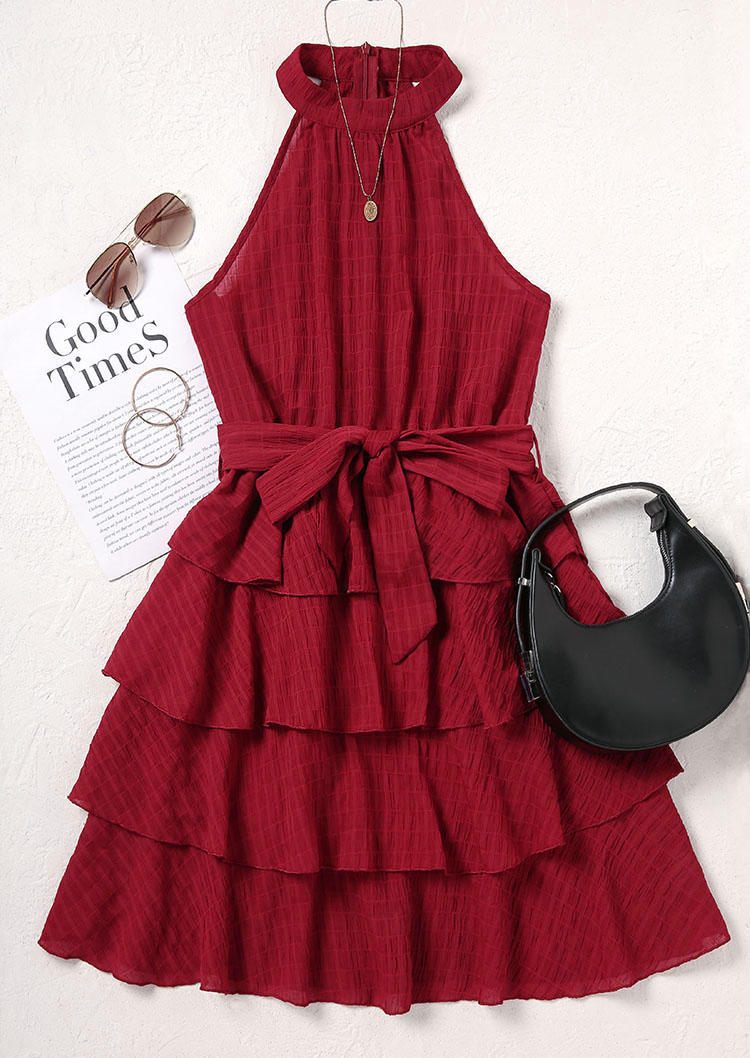 

Mini Dresses Zipper Tie Ruffled O-Neck Mini Dress with Belt in Red. Size