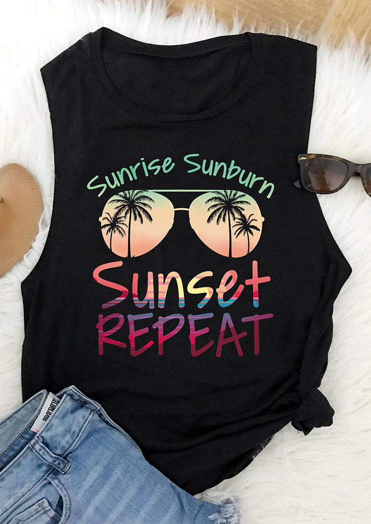 Tank Tops Sunglasses Sunrise Sunburn Sunset Repeat Tank Top in Black. Size: 2XL,3XL,L,M,S,XL
