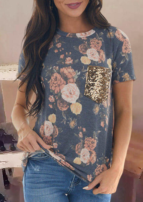 Rose Glitter Pocket O-Neck Blouse