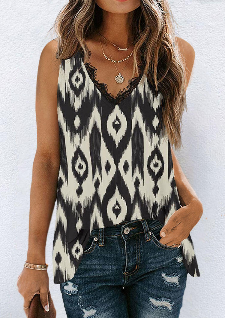 

Tank Tops Lace Splicing V-Neck Casual Tank Top in Multicolor. Size: L,M,,XL