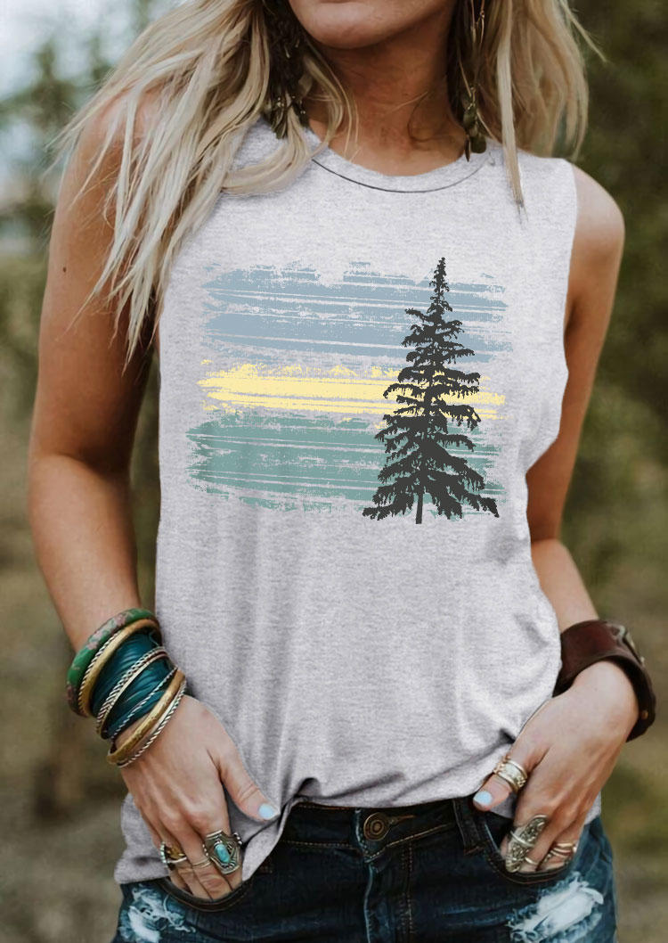 

Tank Tops Watercolor Pine Tree O-Neck Tank Top - Light Grey in Gray. Size: M