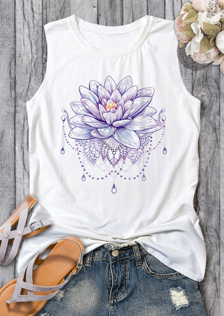 

Tank Tops Lotus O-Neck Casual Tank Top in White. Size