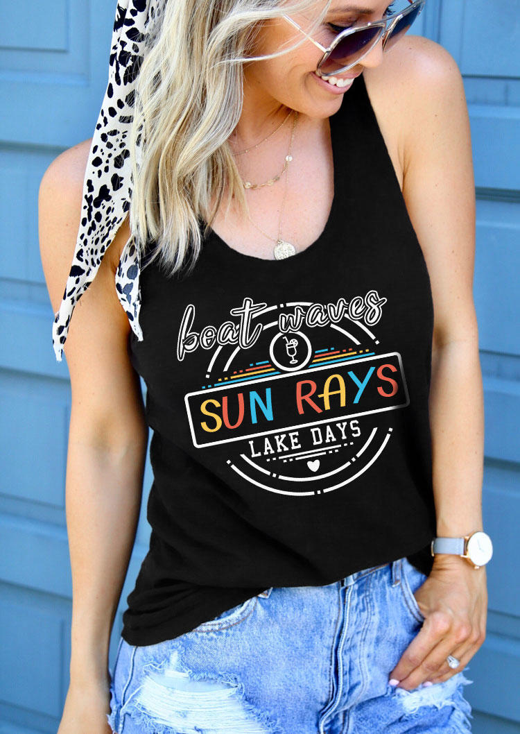 Boat Waves Sun Rays Lake Days Racerback Tank - Black