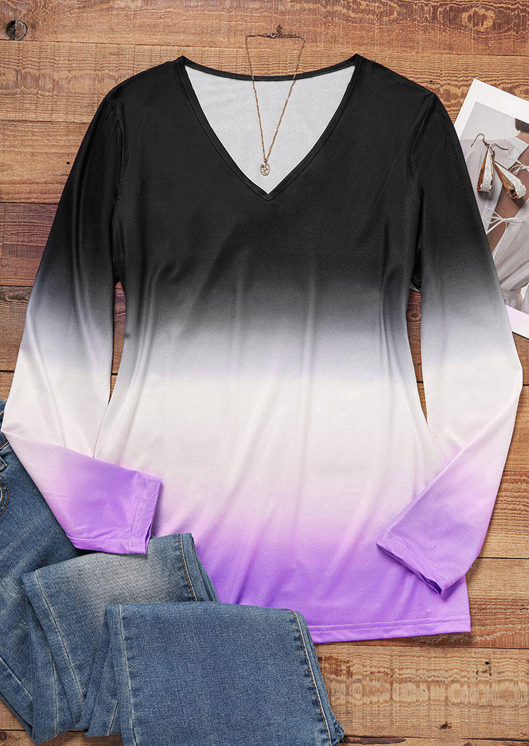 

Blouses Gradient Long Sleeve V-Neck Blouse in Multicolor. Size