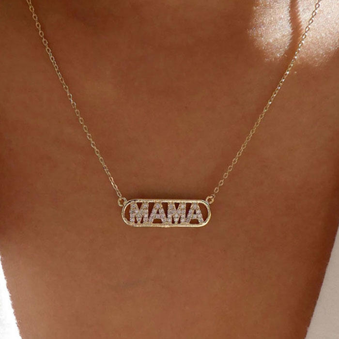 Mama Rhinestone Hollow Out Necklace