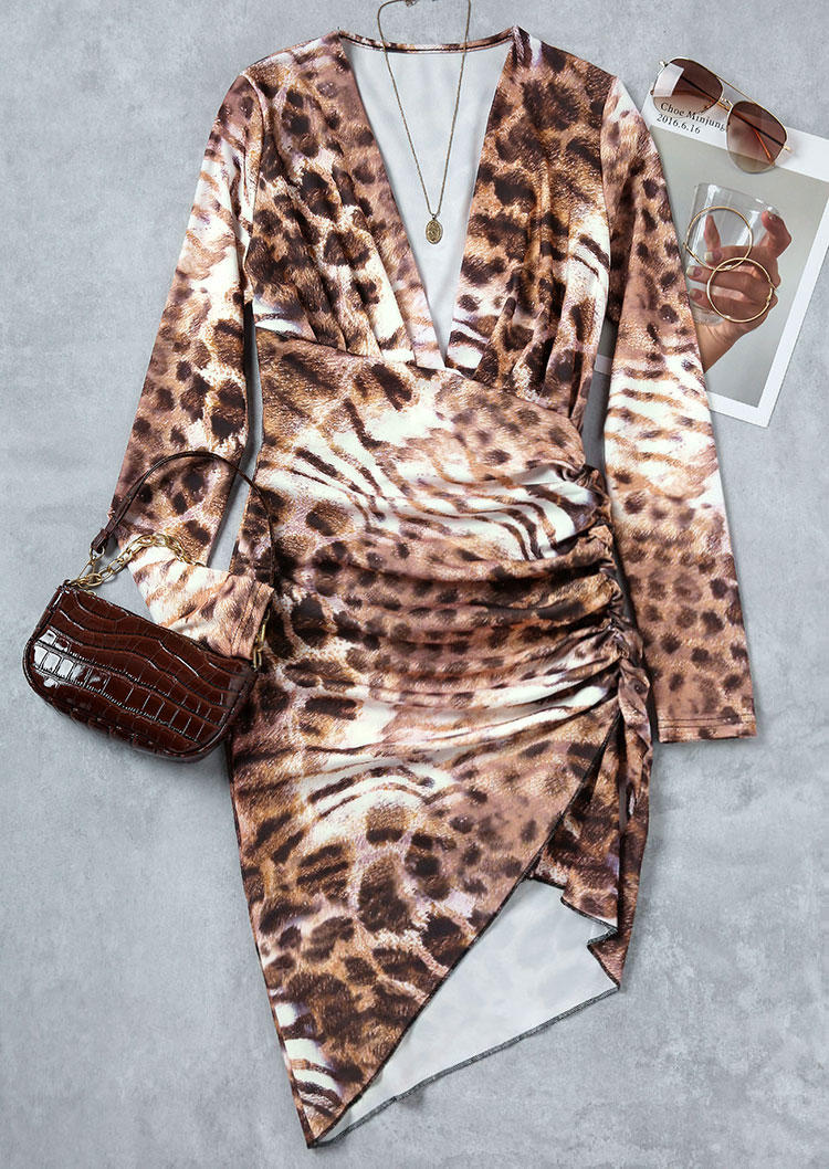 Leopard Ruched Wrap V-Neck Long Sleeve Bodycon Dress