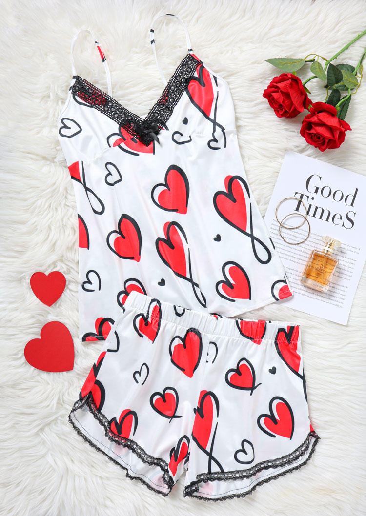 Sleepwear Valentine Love Heart Lace Camisole And Shorts Pajamas Set in Multicolor. Size: L,M,S,XL