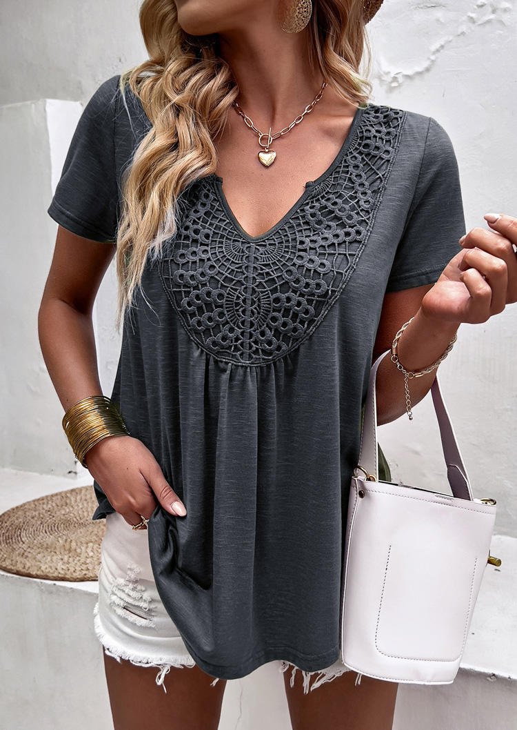

Blouses Ruffled Lace Splicing V-Neck Blouse in Gray. Size