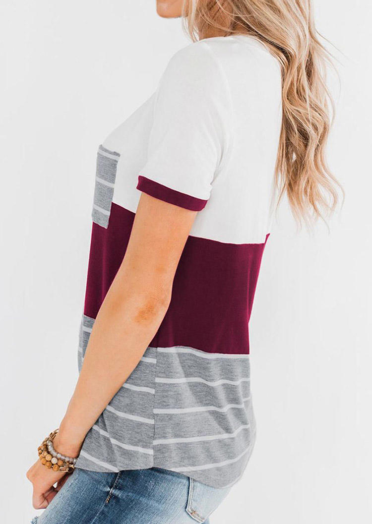 

Blouses Striped Color Block Pocket O-Neck Blouse - Burgundy in Red. Size